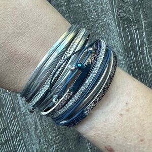 Boho Multi-Strand Magnetic Cuff Bracelet - Blue & Silver Sparkle Stack